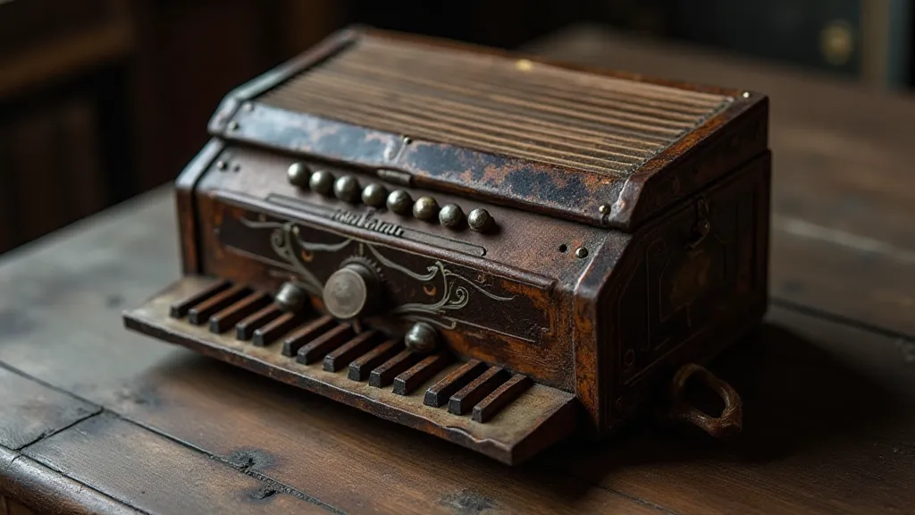 Antique accordion on a wooden table