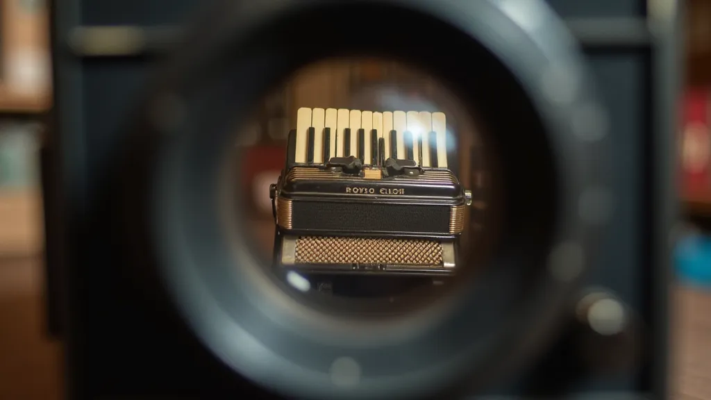Vintage accordion viewed through a camera viewfinder